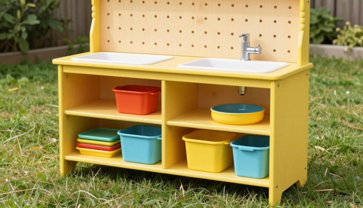 Short bookcase repurposed as organized mud kitchen with multiple storage levels