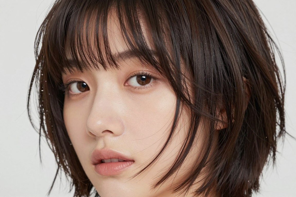 Short choppy haircut with long textured bangs covering eyebrows