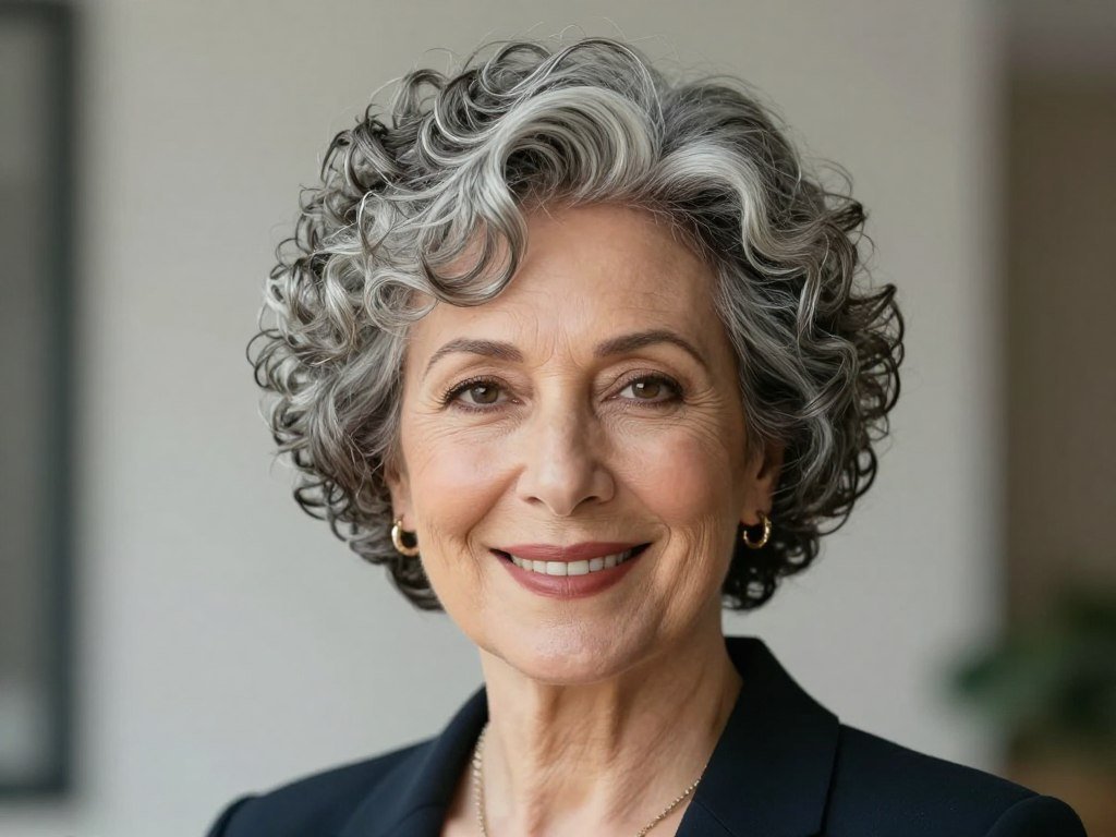 Short curly crop hairstyle on woman over 60 with tight natural curls