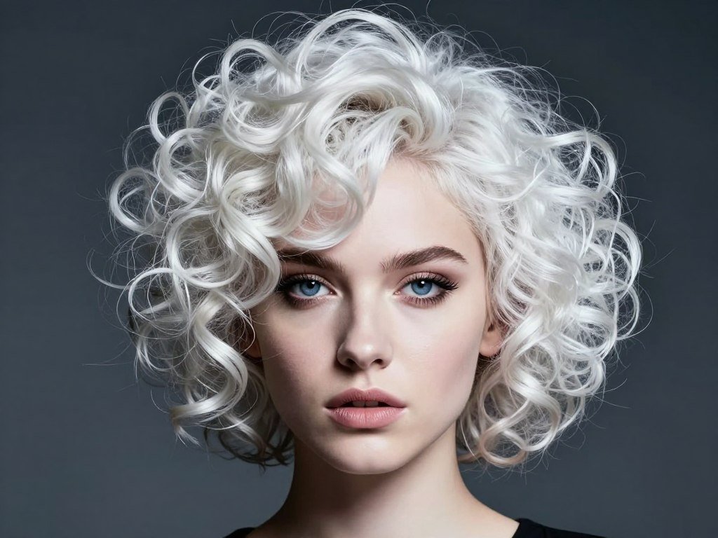 Short curly hair dyed platinum blonde