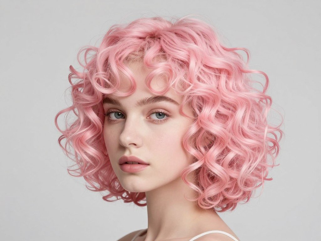 Short curly hair in pastel pink shade