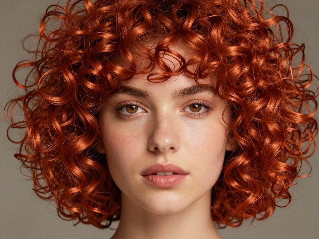 Short curly hair in rich copper red color