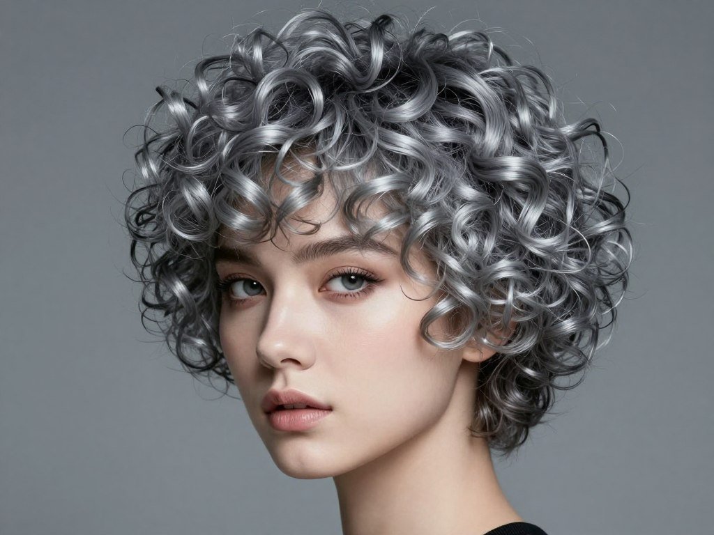 Short curly hair in silver gray color