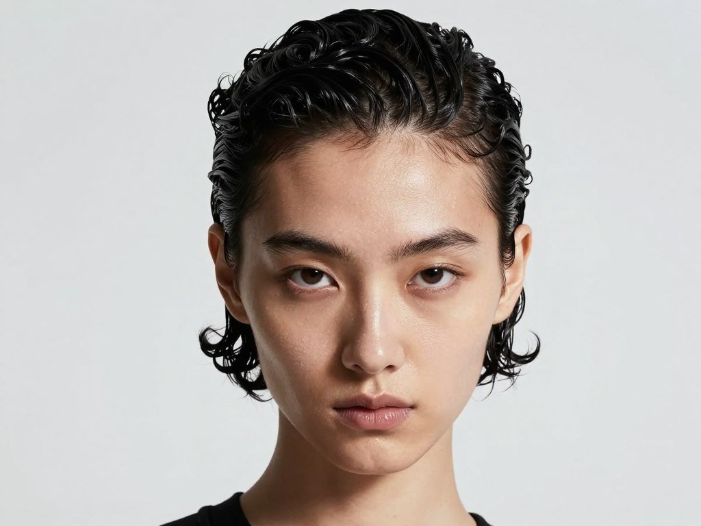 Short curly hair slicked back for sophisticated look