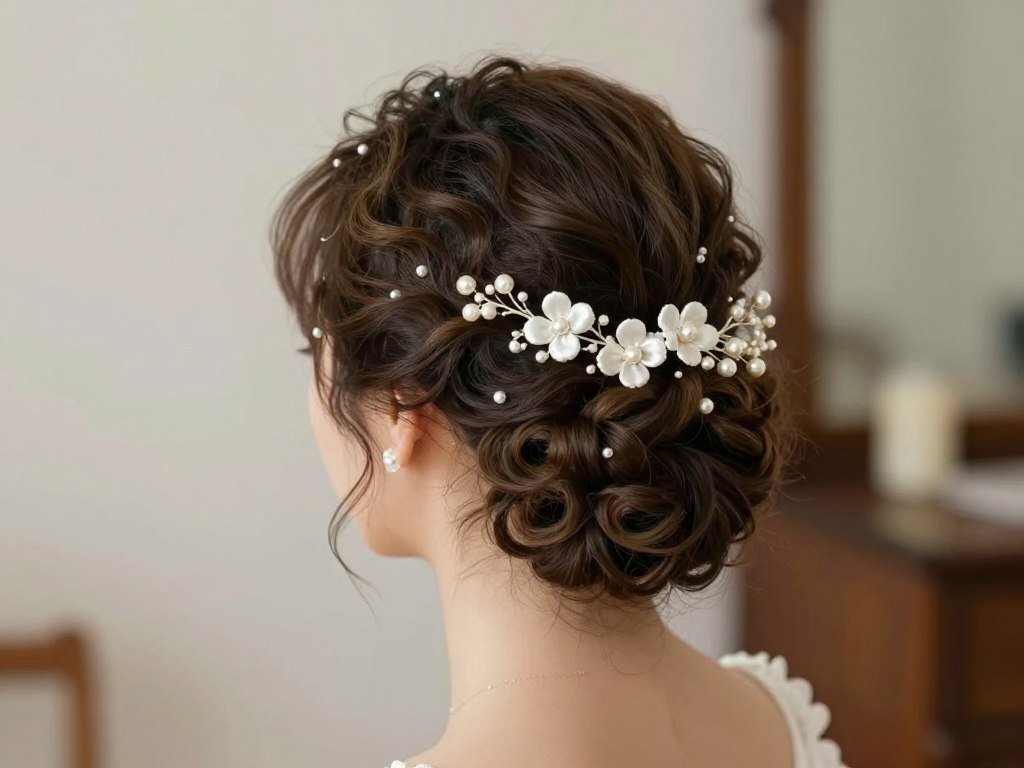 Short curly hair styled into updo with accessories