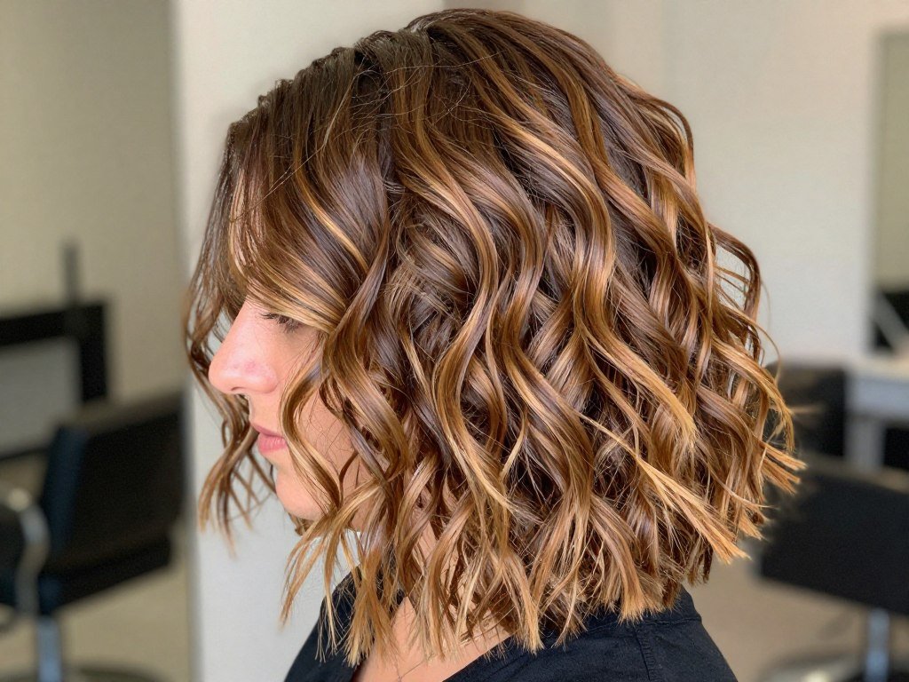 Short curly hair with balayage highlighting