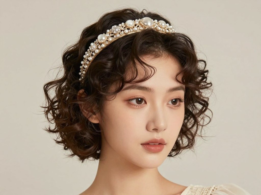 Short curly hair with decorative headband accessory