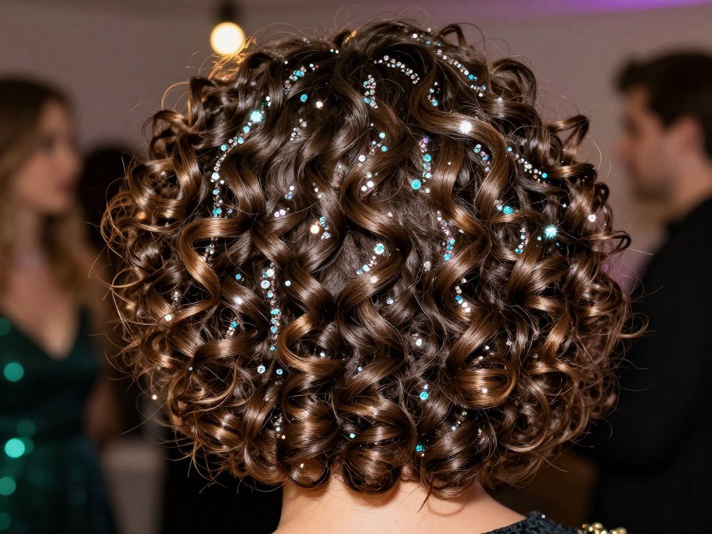 Short curly hair with glitter applied at roots