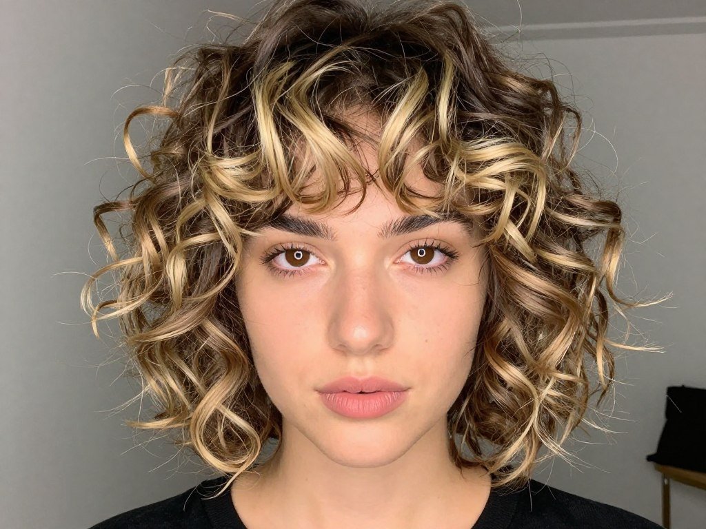 Short curly hair with money piece highlights framing face