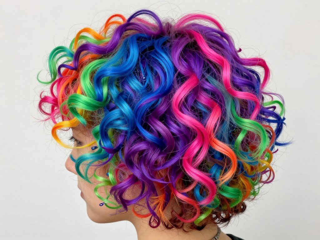 Short curly hair with rainbow color sections