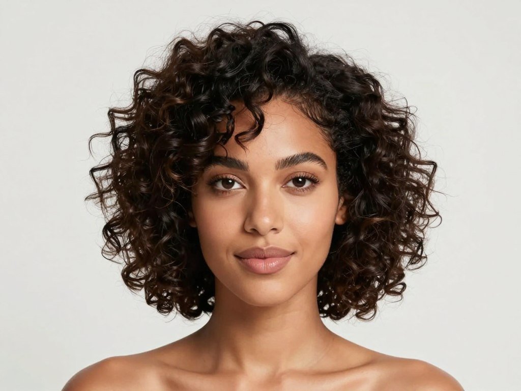 Short curly hairstyle adding width to long face