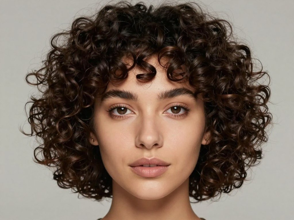 Short curly hairstyle balancing heart-shaped face