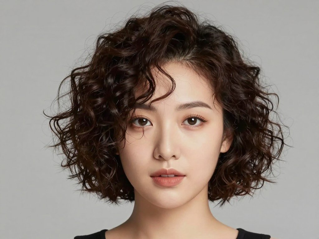 Short curly hairstyle flattering for round face shape
