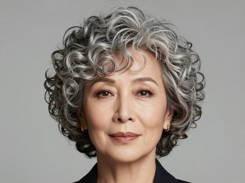 Short curly hairstyle with full curly bangs on woman over 60