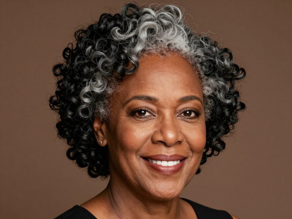 Short curly hairstyle with tight natural coils on Black woman over 60
