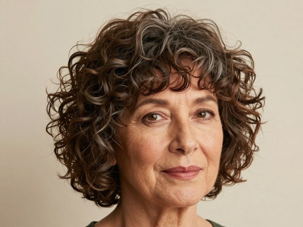 Short curly shag hairstyle with wispy bangs on mature woman