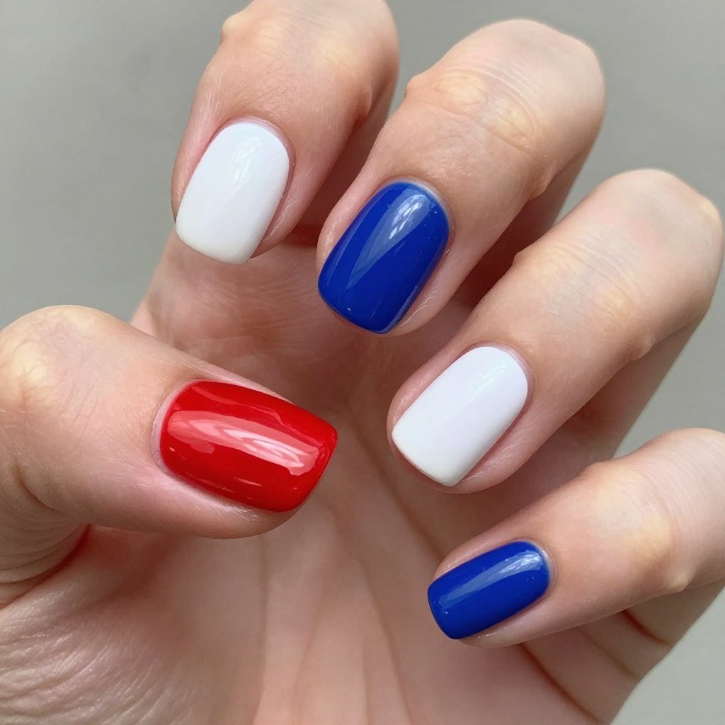 Short nails painted in alternating solid patriotic colors