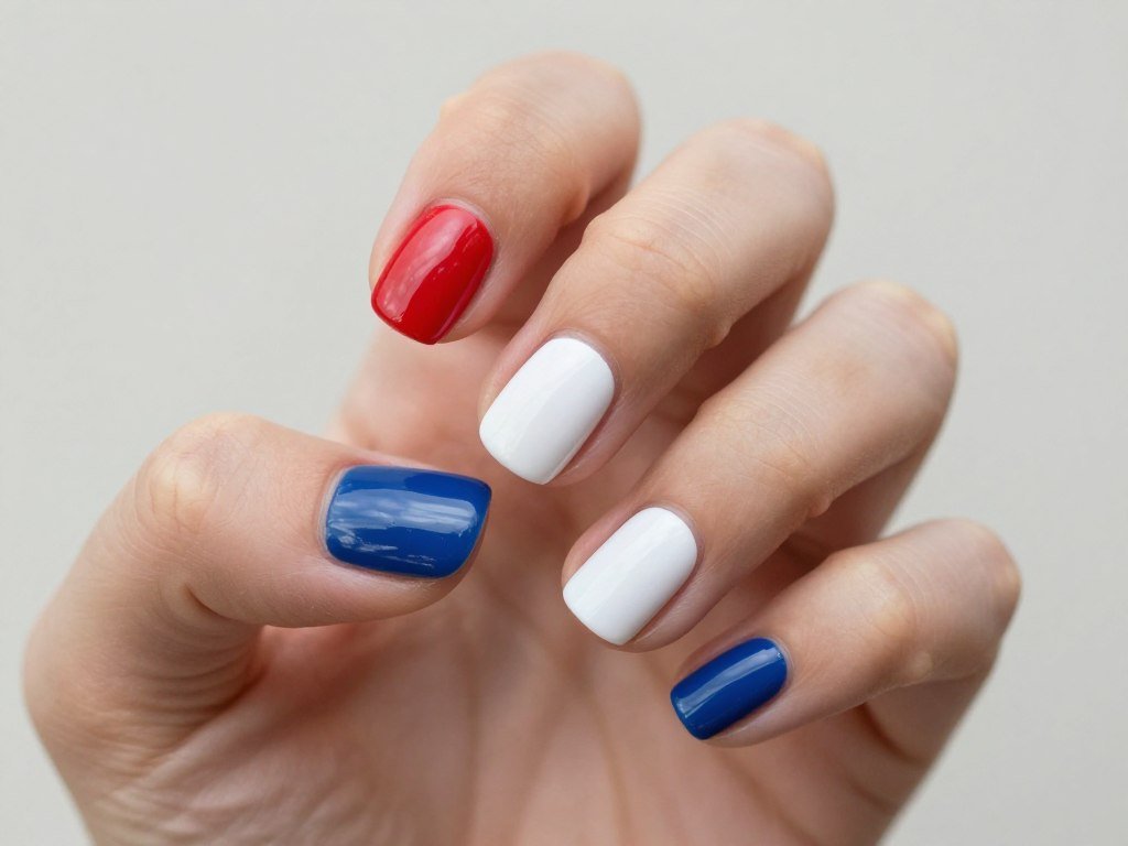 Short nails painted in alternating solid red white and blue polish colors