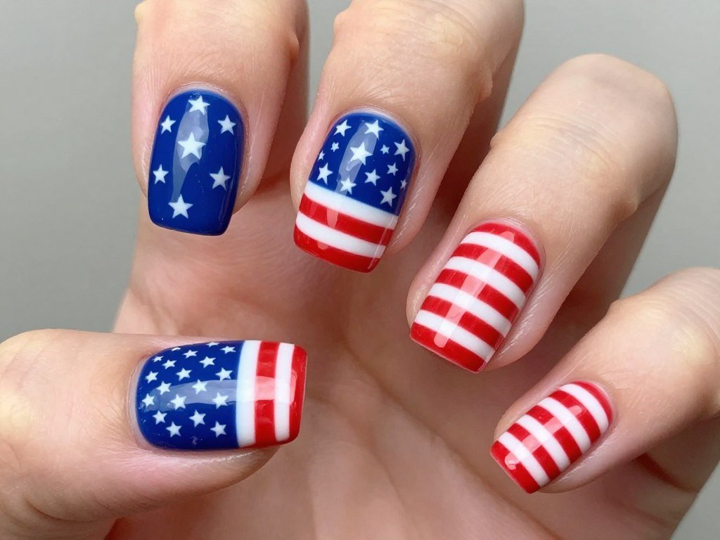 Short nails painted to look like small American flags