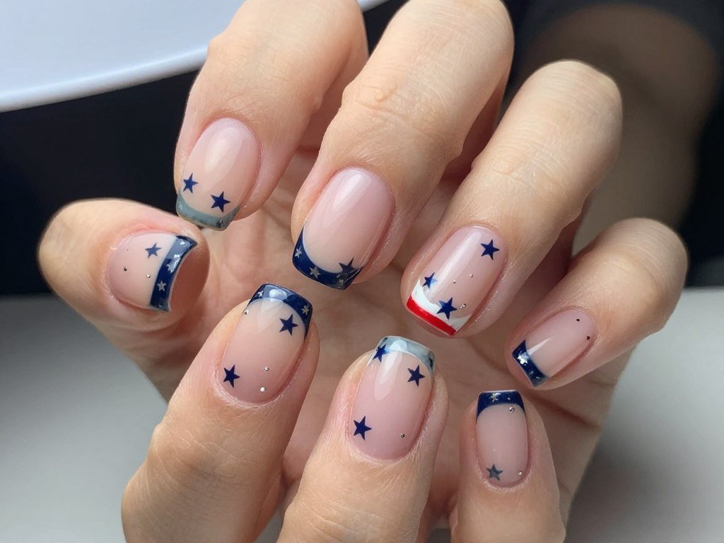 Short nails with French manicure and small stars