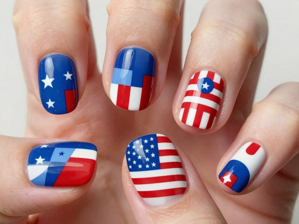 Short nails with abstract interpretation of flag colors and shapes
