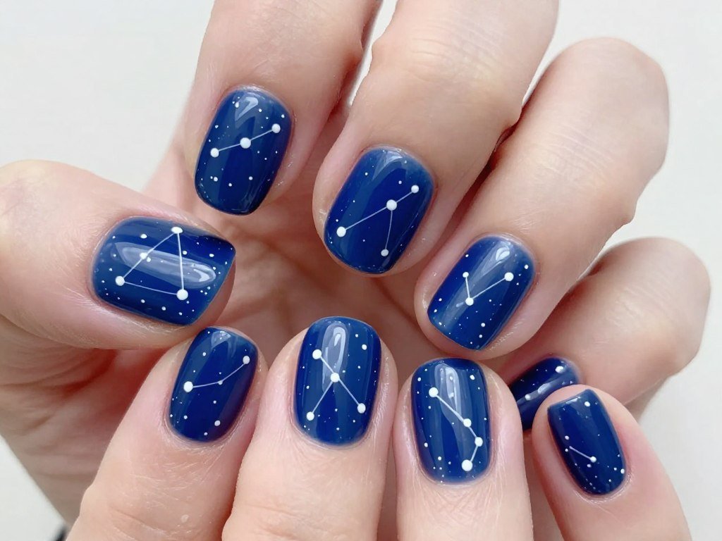 Short nails with constellation pattern connected by thin lines