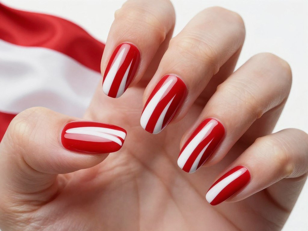 Short nails with curved stripes creating waving flag illusion