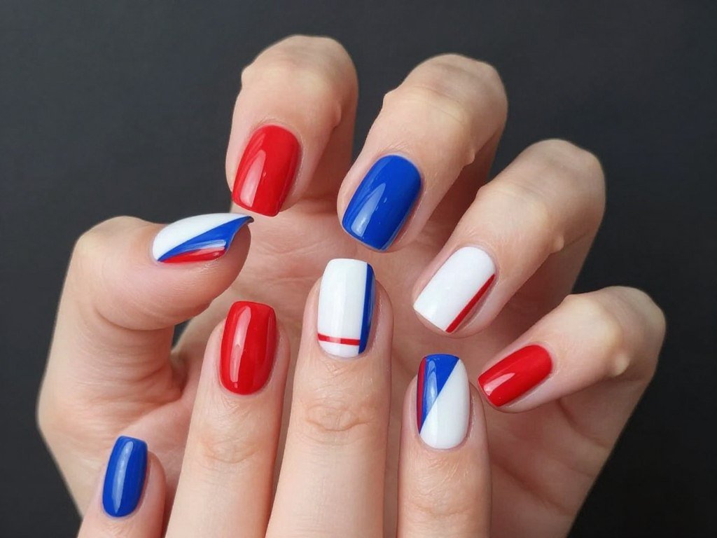 Short nails with geometric color block design in red white and blue