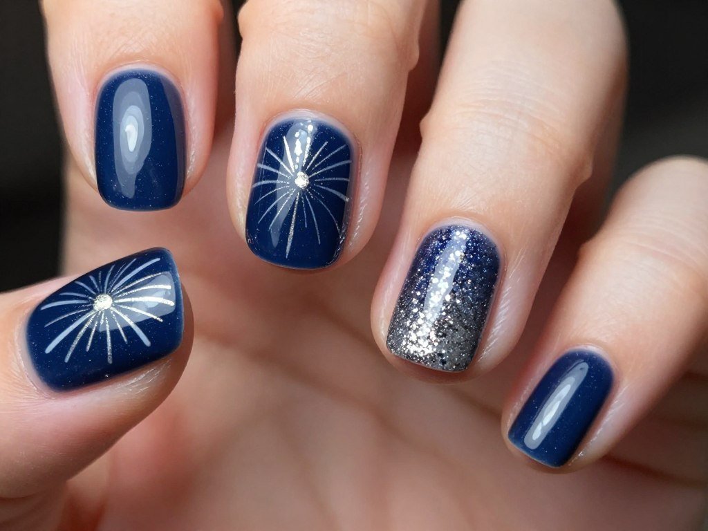 Short nails with glitter burst design radiating from cuticle