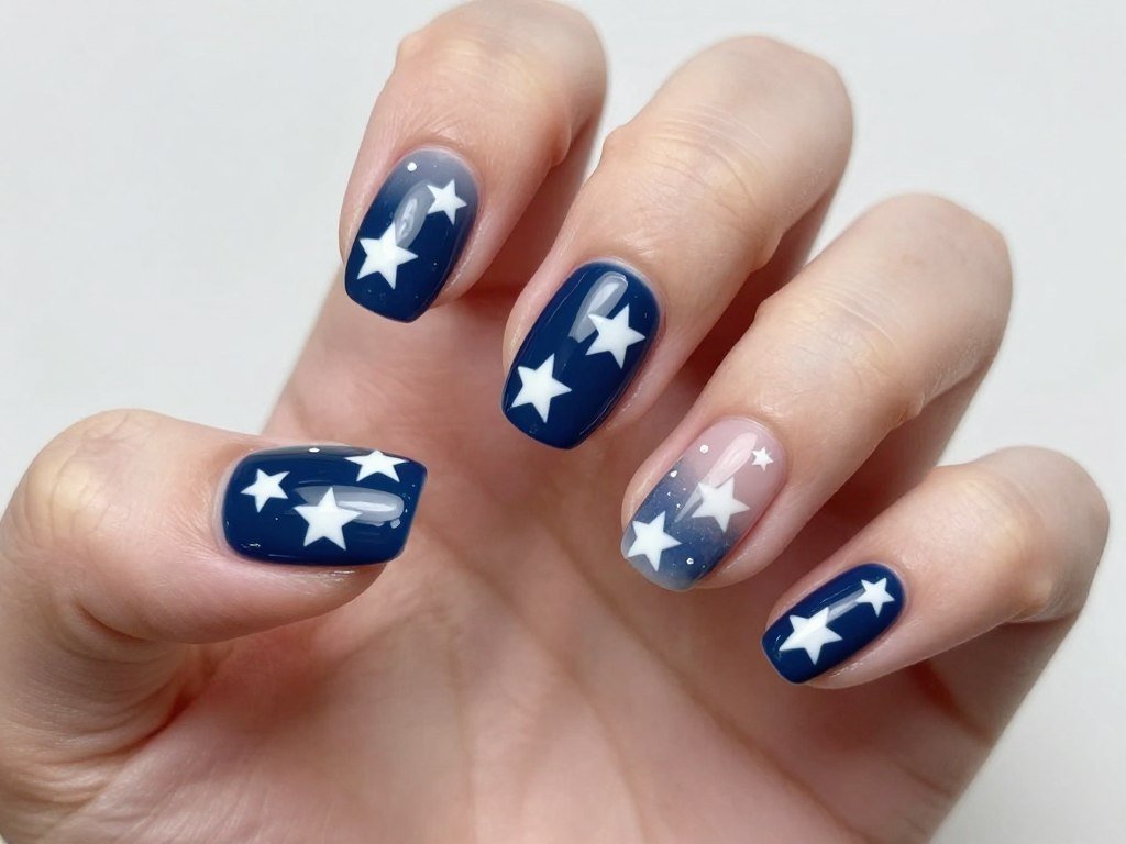 Short nails with gradient of white stars on blue background