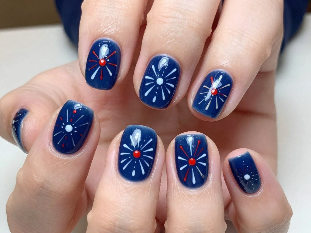 Short nails with hand painted starburst fireworks design
