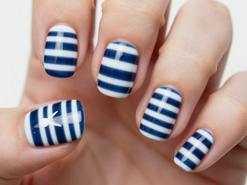 Short nails with horizontal navy and white nautical stripes