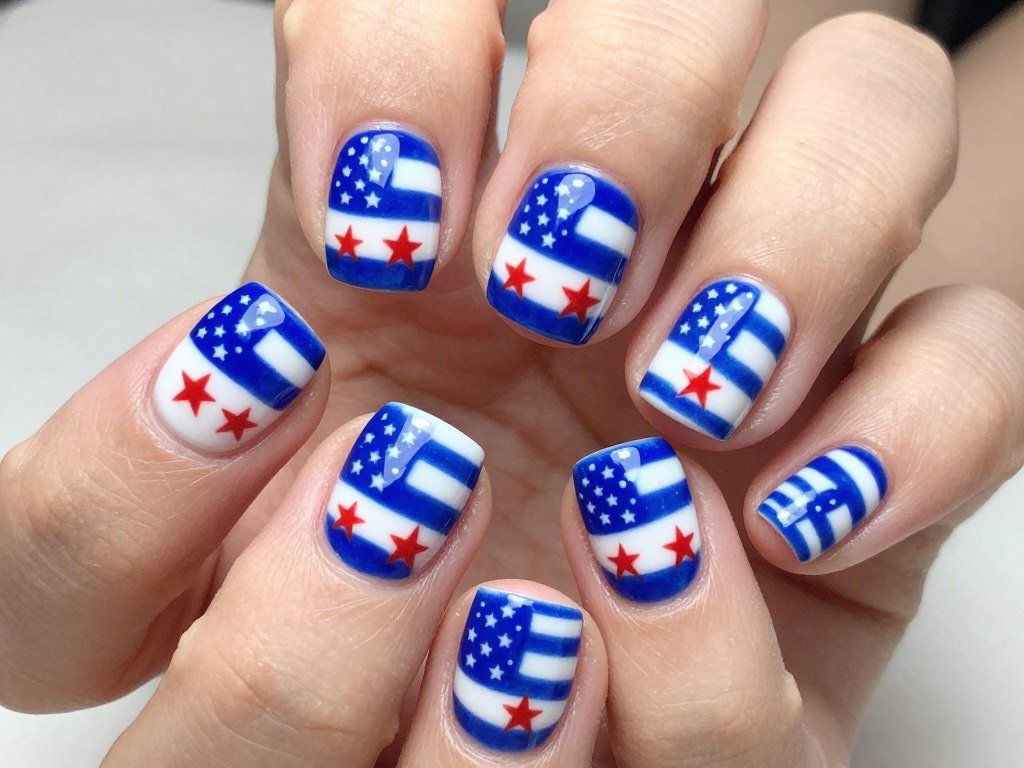 Short nails with inverted American flag color scheme