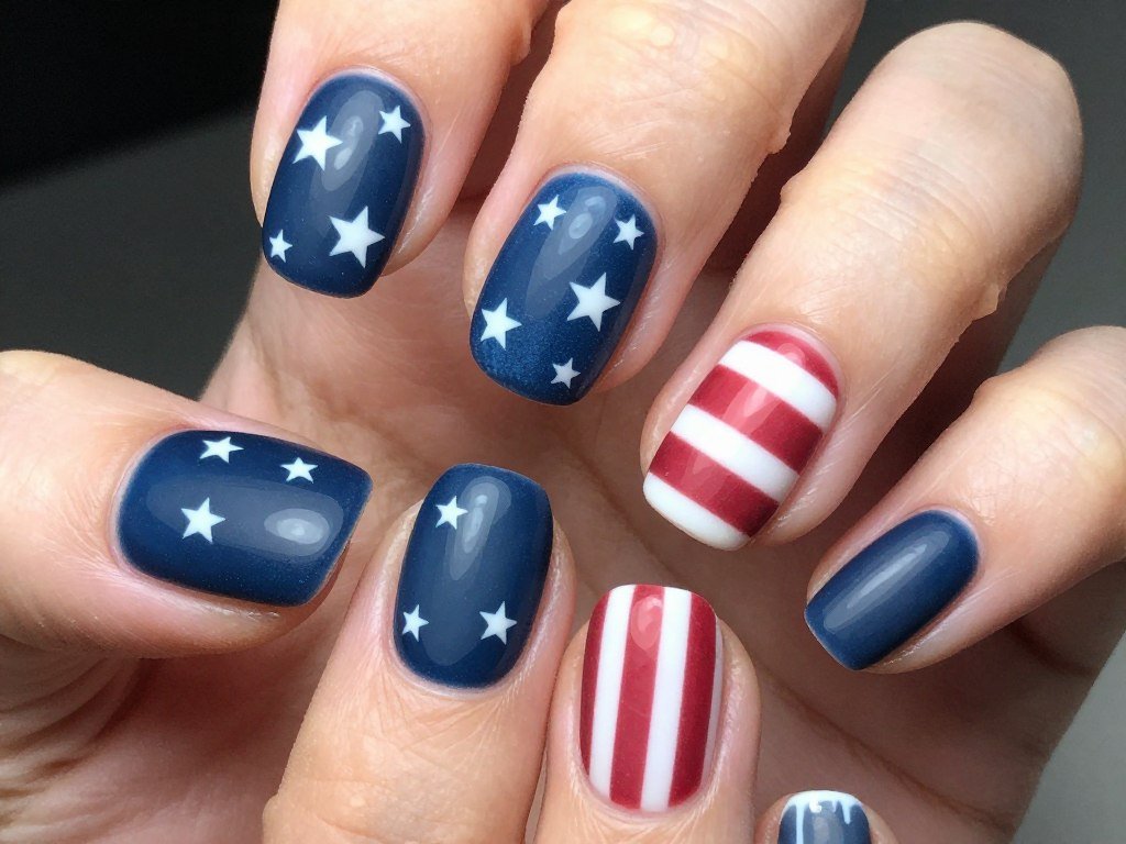 Short nails with matte red white and blue design
