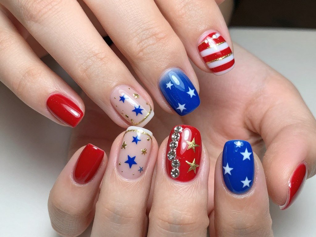 Short nails with metallic gold and silver patriotic accents