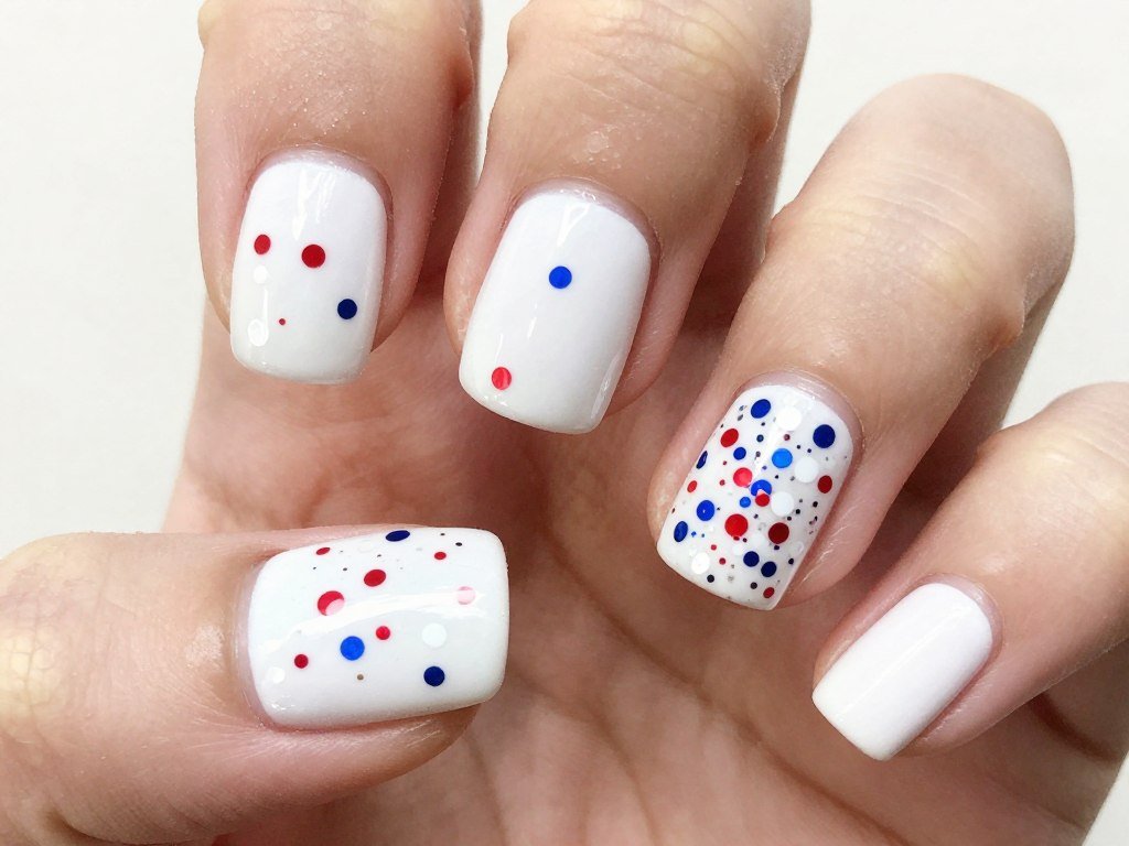 Short nails with randomly scattered red white and blue glitter