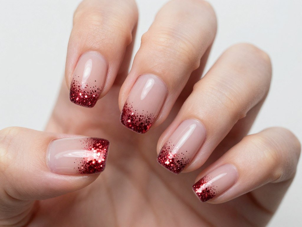 Short nails with red glitter gradient at tips