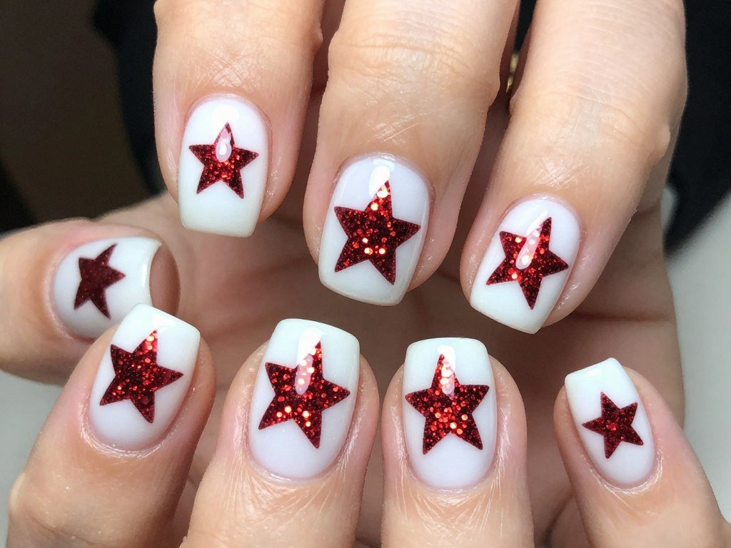 Short nails with red glitter stars on white background