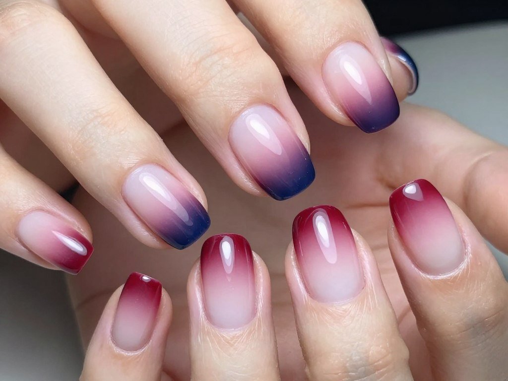Short nails with red to blue ombre gradient nail design