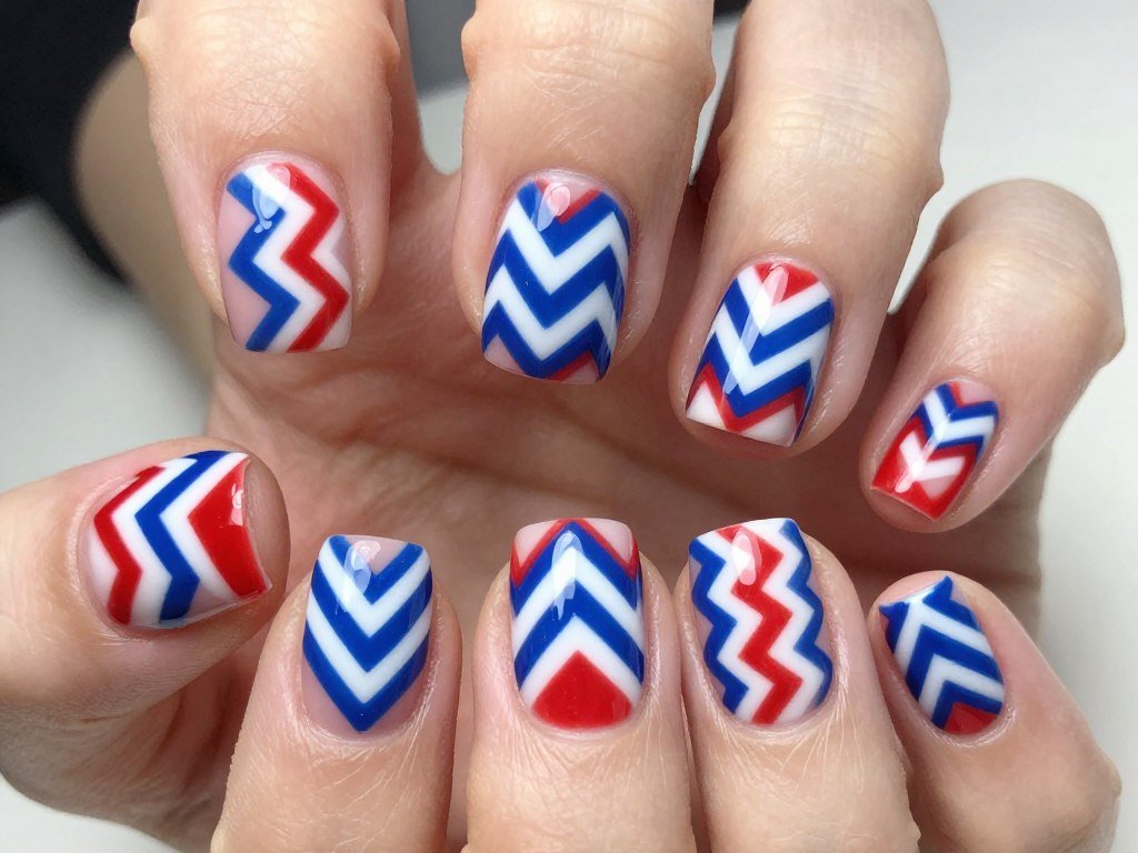 Short nails with red white and blue chevron zigzag pattern
