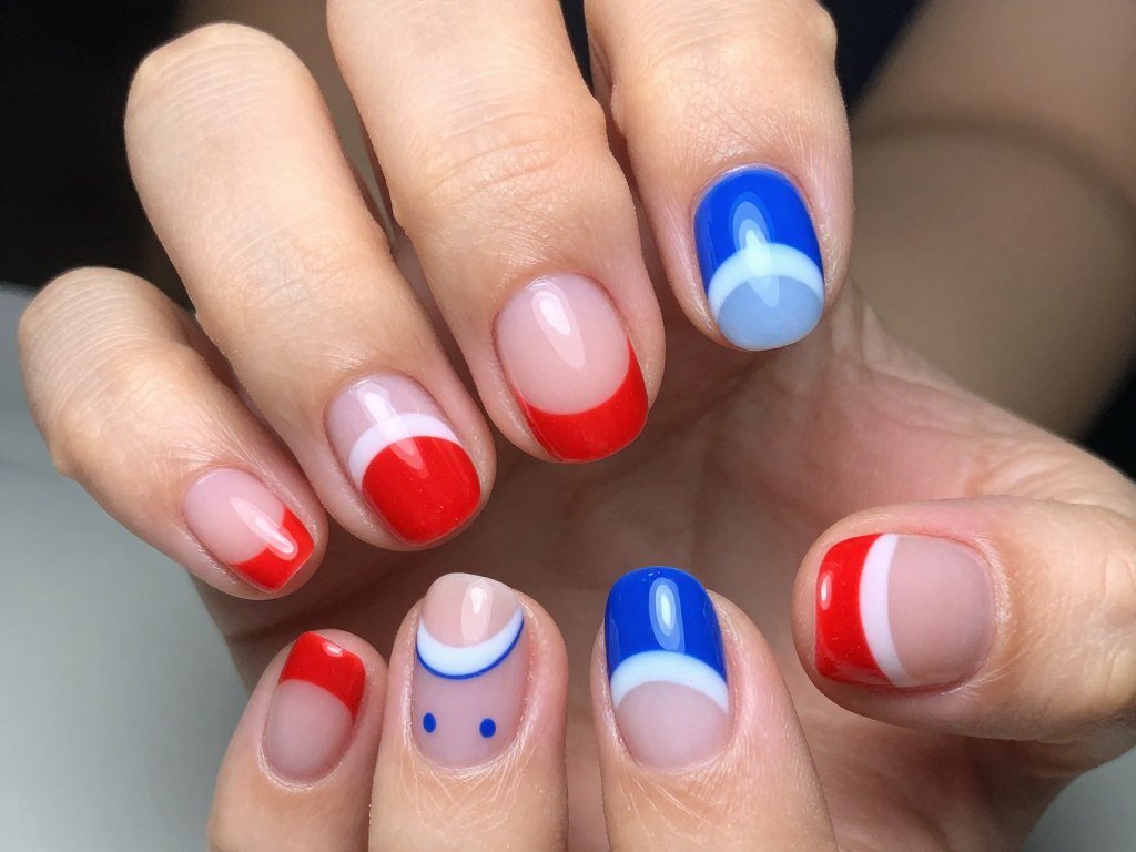 Short nails with red white and blue half moon nail art design
