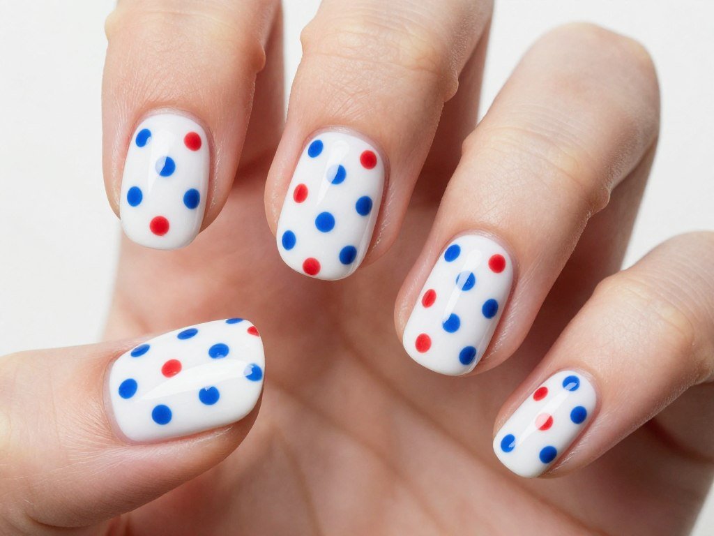 Short nails with red white and blue polka dots
