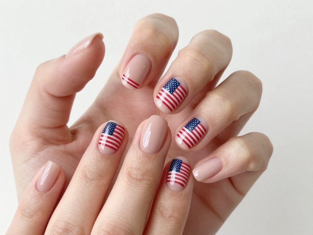 Short nails with small flag design in corner of each nail