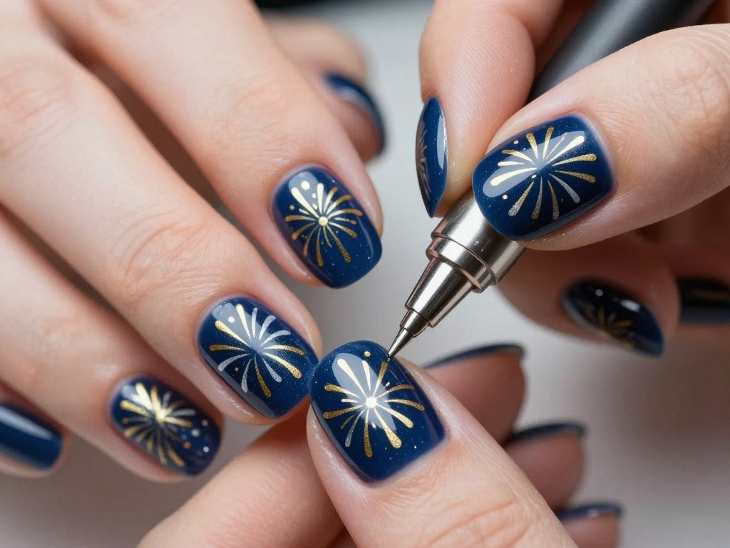 Short nails with stamped firework design pattern
