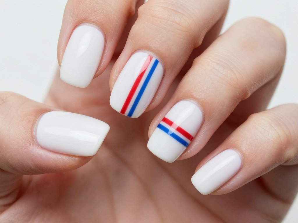 Short nails with thin red and blue detail lines on white base