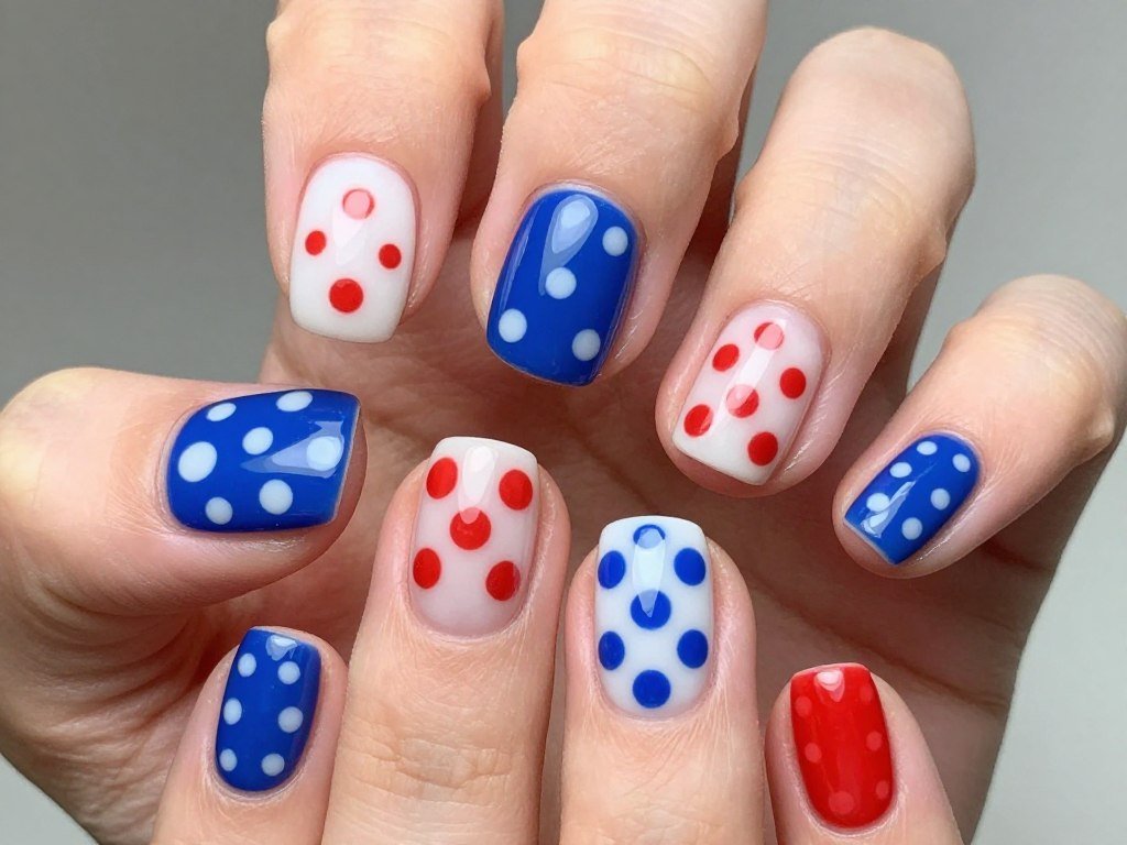 Short nails with various sized polka dots in patriotic colors