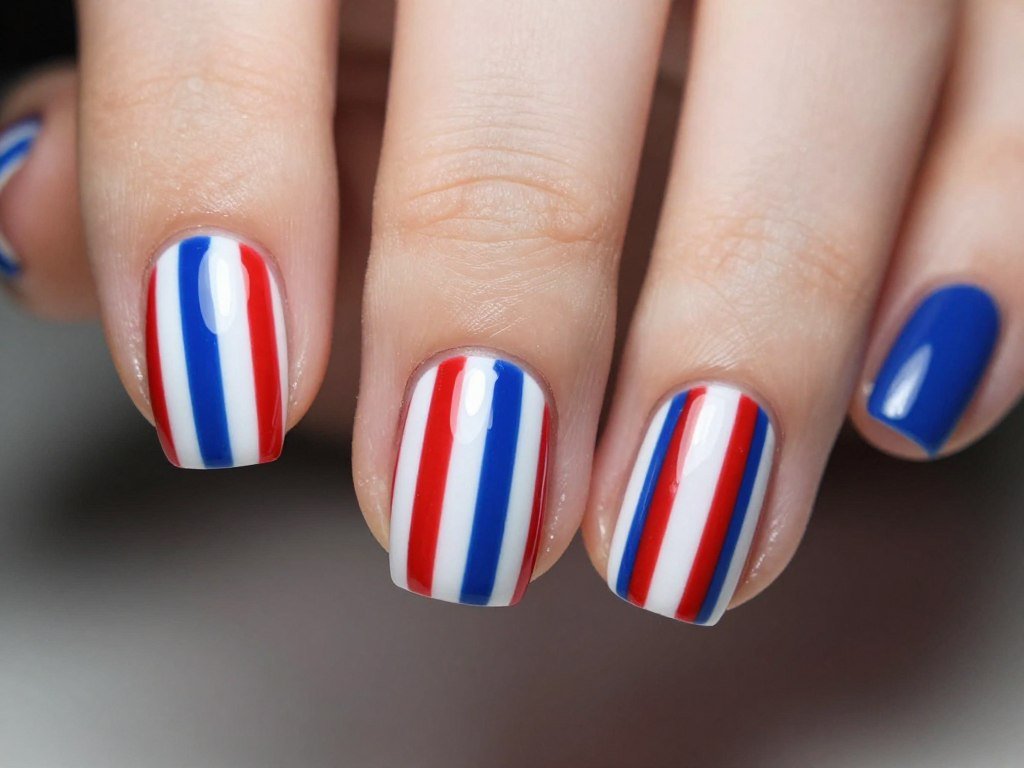 Short nails with vertical red white and blue stripes