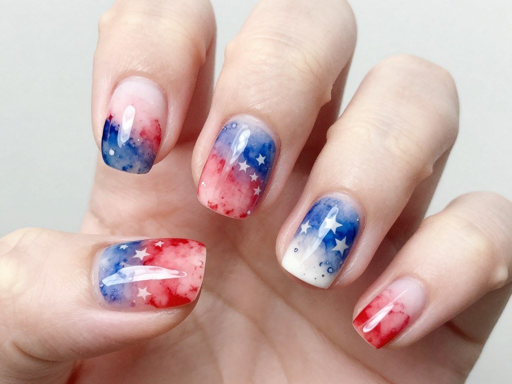 Short nails with watercolor style patriotic design
