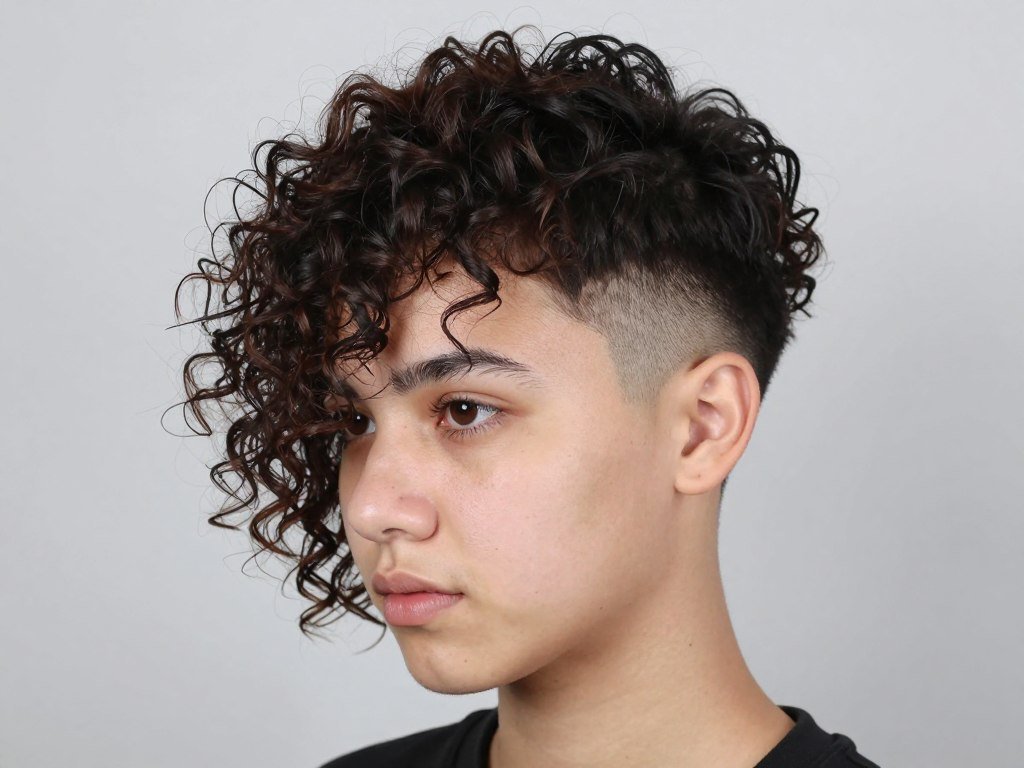 Short natural curls with shaved undercut section