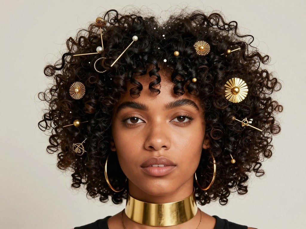 Short natural hairstyle decorated with hair jewelry